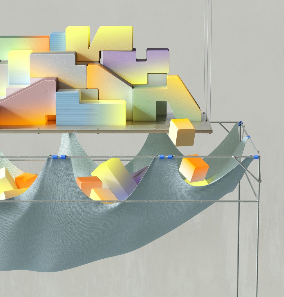 Abstract 3D render of vibrant blocks on a suspended fabric structure, with soft lighting.